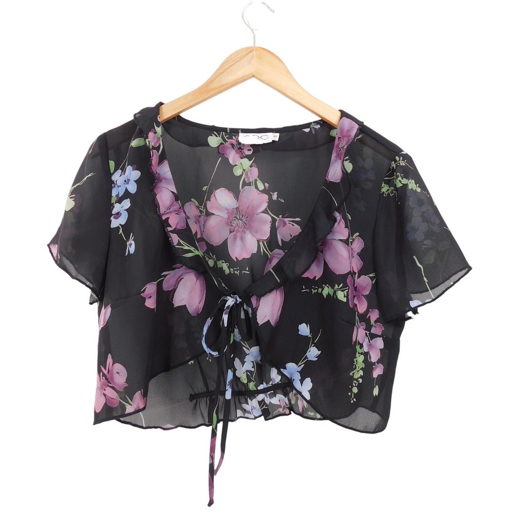 Vintage CDC Short Sleeves Floral Tie Sheer‎ Crop Top Size 10 90s Fairycore